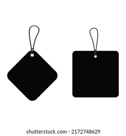 Realistic Black labels hanging on a string. Cardboard tag layout. Empty cardboard badge on a thread. Black card with a loop on the twine. Realistic vector illustration isolated on white background