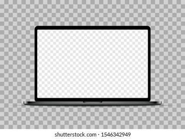 Realistic black laptop mockup with blank checkered transparent screen.  Vector illustration.