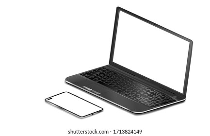 Realistic black laptop and phone with empty screen on isolated background, mockup of the laptop and smartphone on white background, empty space for your design, vector illustration