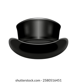 Realistic black leather top hat 3d vector object isolated on white background, steampunk fashion design, creative headdress, accessory photo filter mockup.