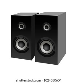 Realistic black loudspeakers perspective view. Vector.