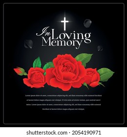 Realistic Black In Loving Memory Funeral Poster With Red Roses And Editable Text Vector Illustration