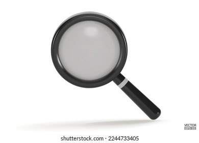 Realistic black Magnifying glass with shadow isolated on white background. Lupe 3d in a realistic style. Search vector icon. Discovery, research, search, analysis concept. 3D vector illustration.