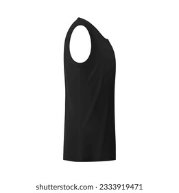 Realistic black male singlet mockup side view. Isolated vector 3d template of athletic wear, fitness apparel, sportswear or undershirt with round neck and straps, clothes branding mock up