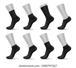 Realistic black man socks, 3d vector sox mockups for fashion and sportswear designs. Isolated fabric, elastic sock templates feature cotton toe cover, no show, extra or low cut, quarter and mid calf