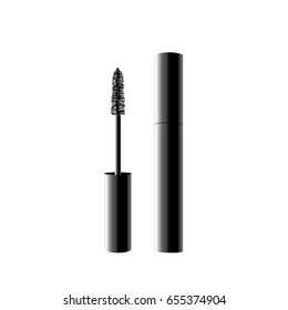 Realistic black mascara: a tube and a brush. 3d package. Container of cosmetic products for eye beauty. Vector illustration isolated on white background.