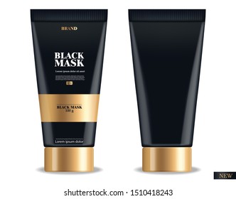 Realistic black mask, black 3d package isolated, brand cosmetics, charcoal facial mask design, beauty product vector illustration