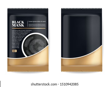 Realistic black mask, black 3d package isolated, brand cosmetics, charcoal facial mask design, beauty product vector illustration