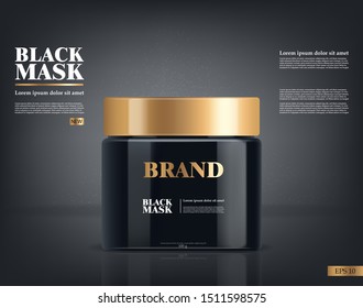 Realistic black mask, black 3d package isolated, brand cosmetics, charcoal facial mask design, beauty product vector illustration