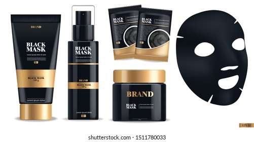 Realistic black mask, black 3d package isolated set, brand cosmetics, charcoal facial mask design, beauty product vector illustration