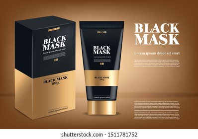 Realistic black mask, black 3d package isolated, brand cosmetics, charcoal facial mask design, beauty product vector illustration