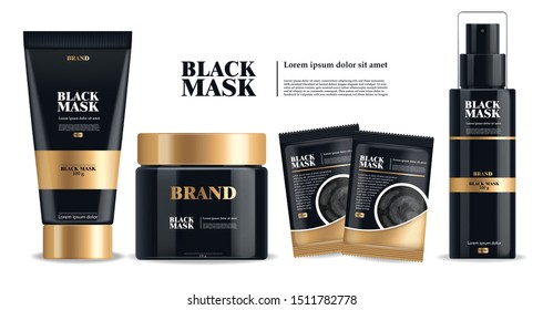 Realistic black mask, black 3d package isolated, brand cosmetics, charcoal facial mask design, beauty product vector illustration