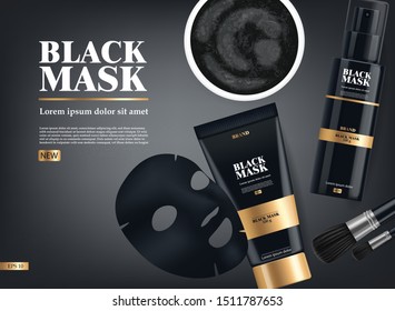 Realistic black mask, black 3d package isolated, brand cosmetics, charcoal facial mask design, beauty product vector illustration