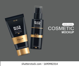 Máscara negra realista, recipiente grande, paquete negro 3d aislado, cosméticos de marca, diseño de mascarilla facial de carbón vegetal, ilustración vectorial de producto de belleza