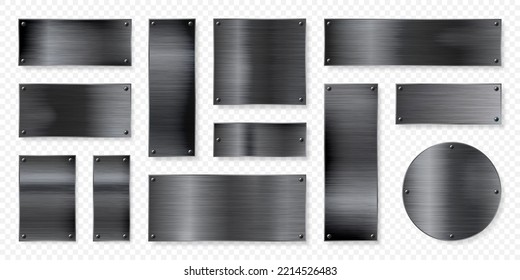 Realistic black metal banners collection. Brushed steel or aluminium plate, panel with screws. Polished metal surface. Old grunge texture with scratches. Vector illustration