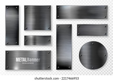 Realistic Black Metal Banners Collection. Brushed Steel Or Aluminium Plate, Panel With Screws. Polished Metal Surface. Old Grunge Texture With Scratches. Vector Illustration