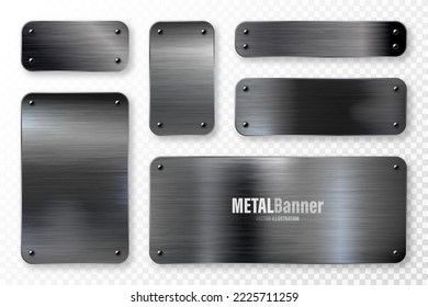 Realistic black metal banners collection. Brushed steel or aluminium plate, panel with screws. Polished metal surface. Old grunge texture with scratches. Vector illustration