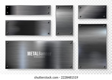 Colección de banners de metal negro realista. Placa de acero o aluminio cepillado, panel con tornillos. Superficie de metal pulido. Vieja textura de grunge con arañazos. Ilustración del vector