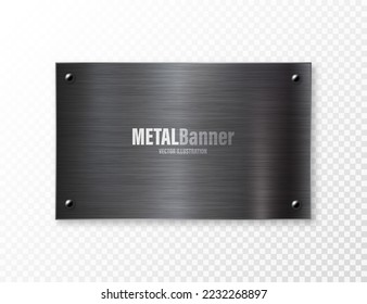 Realistic black metal banners collection. Brushed steel or aluminium plate, panel with screws. Polished metal surface. Old grunge texture with scratches. Vector illustration