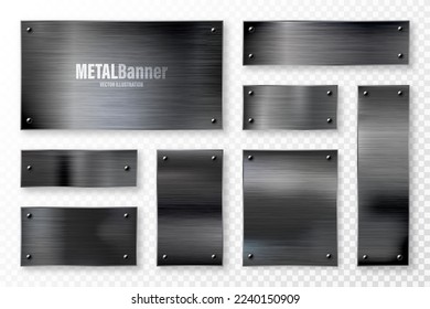 Colección de banners de metal negro realista. Placa de acero o aluminio cepillado, panel con tornillos. Superficie de metal pulido. Vieja textura de grunge con arañazos. Ilustración del vector