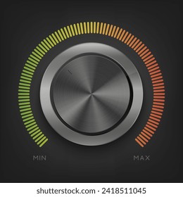 Realistic black metal control panel tumbler. Music audio sound volume knob button minimum maximum level. Rotate switch interface. Vector illustration