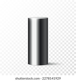 Realistic black metal cylinder pedestal isolated on transparent background. Dark steel glossy detailed pipe with shadow. Round chrome column stand. 3d geometric shape vector illustration