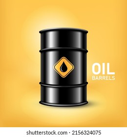 A realistic black metal oil barrel isolated and text on yellow background, vector illustration