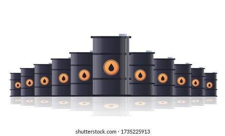 realistic black metal petroleum barrels oil industry concept isolated horizontal vector illustration