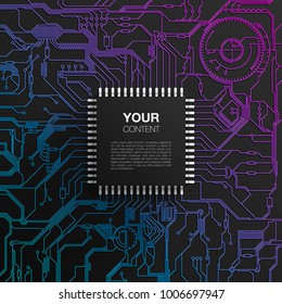 Realistic black microchip on detailed printed circuit board design abstract background with your text vector stock eps 10 illustration