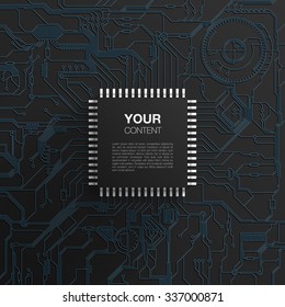 Microchip negro realista en el diseño detallado de la tarjeta de circuitos impresos fondo abstracto con su infografía de texto material vectorial eps 10 ilustración