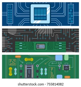 Realistic black microchip on detailed printed circuit board design abstract background brochure vector illustration. Computer IC chip template.