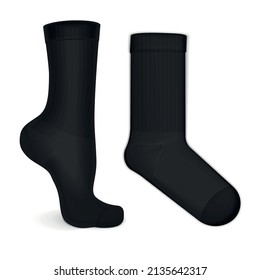 Realistic black mid calf socks pair mockup worn on leg isolated on white background vector illustration