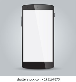 Realistic black mobile phone with blank screen isolated on white. Vector EPS10