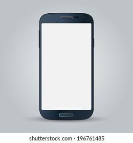 Realistic black mobile phone with blank screen isolated on gray background. Vector EPS10