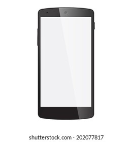 Realistic black mobile phone with blank screen isolated on white. Vector EPS10