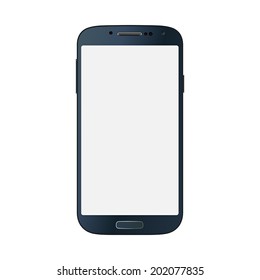 Realistic black mobile phone with blank screen isolated on white. Vector EPS10