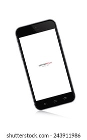 Realistic black mobile phone with blank screen area for copy space on white background. Vector illustration.
