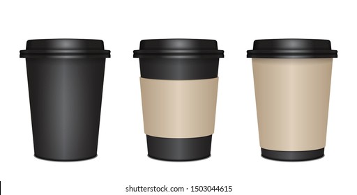 Realistic black mock up paper cups set with black plastic lid. Coffee to go, take out mug for your design