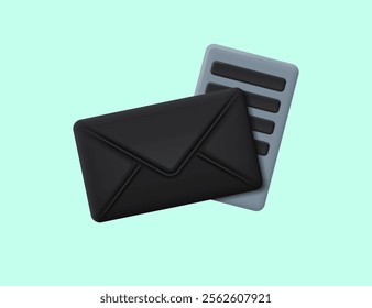 Realistic black mockup of a postal envelope with a document. Vector 3D illustration.