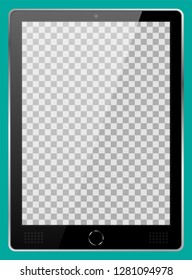 Realistic black modern tablet PC isolated on cyan background. Empty transparent screen template. Blank copy space on modern mobile device. Vector illustration