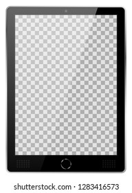 Realistic black modern tablet PC isolated on white background. Empty transparent screen template. Blank copy space on modern mobile device. Vector illustration