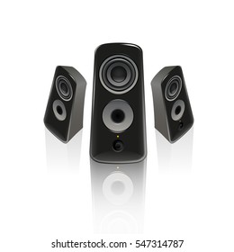 Realistic black music speakers in the front and isometric view on the light background. Vector isolated clip art illustration.