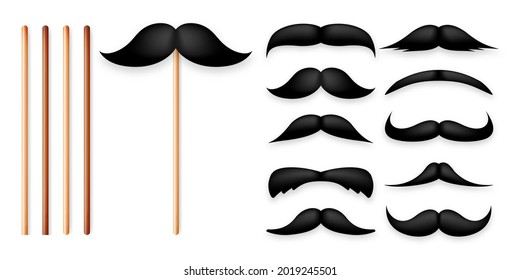 Realistic black mustache on a wooden stick. Fake paper mustache isolated on white background. Fashionable facial hair. Vintage design element. Creative vector illustration.