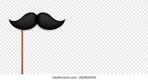 Realistic black mustache on a wooden stick. Fake paper mustache isolated on transparent background. Fashionable facial hair. Vintage design element. Creative vector illustration.