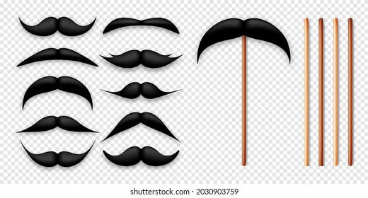 Realistic black mustache on a wooden stick. Fake paper mustache isolated on transparent background. Fashionable facial hair. Vintage design element. Creative vector illustration.