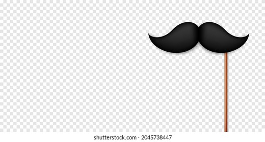 Realistic black mustache on a wooden stick. Fake paper mustache isolated on transparent background. Fashionable facial hair. Vintage design element. Creative vector illustration.