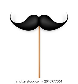 Realistic black mustache on a wooden stick. Fake paper mustache isolated on white background. Fashionable facial hair. Vintage design element. Creative vector illustration.