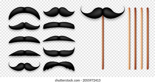 Realistic black mustache on a wooden stick. Fake paper mustache isolated on transparent background. Fashionable facial hair. Vintage design element. Creative vector illustration.