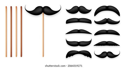 Realistic black mustache on a wooden stick. Fake paper mustache isolated on white background. Fashionable facial hair. Vintage design element. Creative vector illustration.