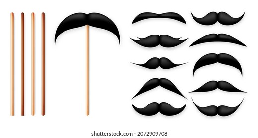 Realistic black mustache on a wooden stick. Fake paper mustache isolated on white background. Fashionable facial hair. Vintage design element. Creative vector illustration.